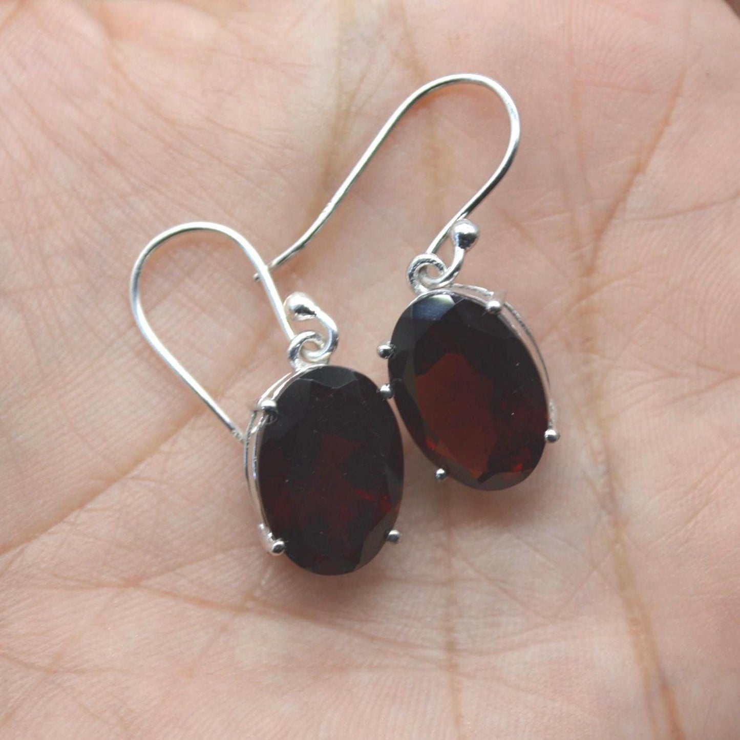 Garnet Earrings: Dangle Drop, Oval, Red Gemstone, January Birthstone