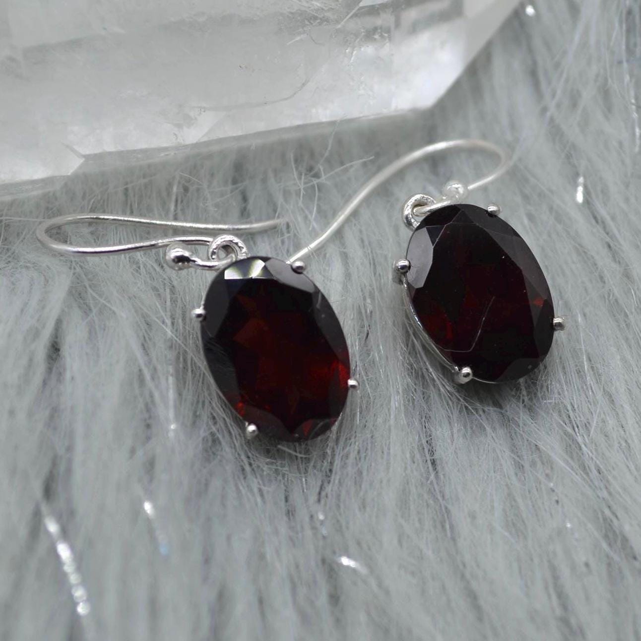 Garnet Earrings: Dangle Drop, Oval, Red Gemstone, January Birthstone