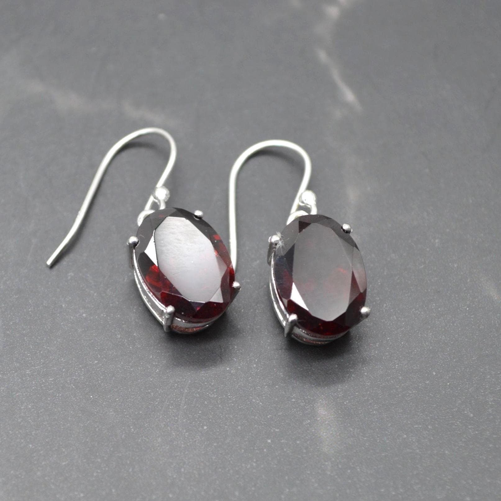 Garnet Earrings: Dangle Drop, Oval, Red Gemstone, January Birthstone