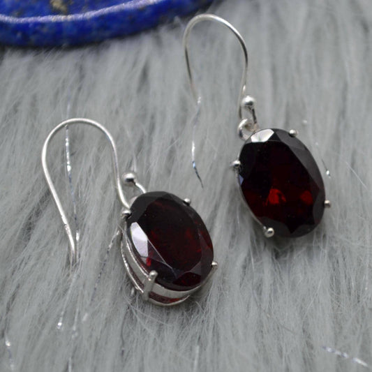 Garnet Earrings: Dangle Drop, Oval, Red Gemstone, January Birthstone