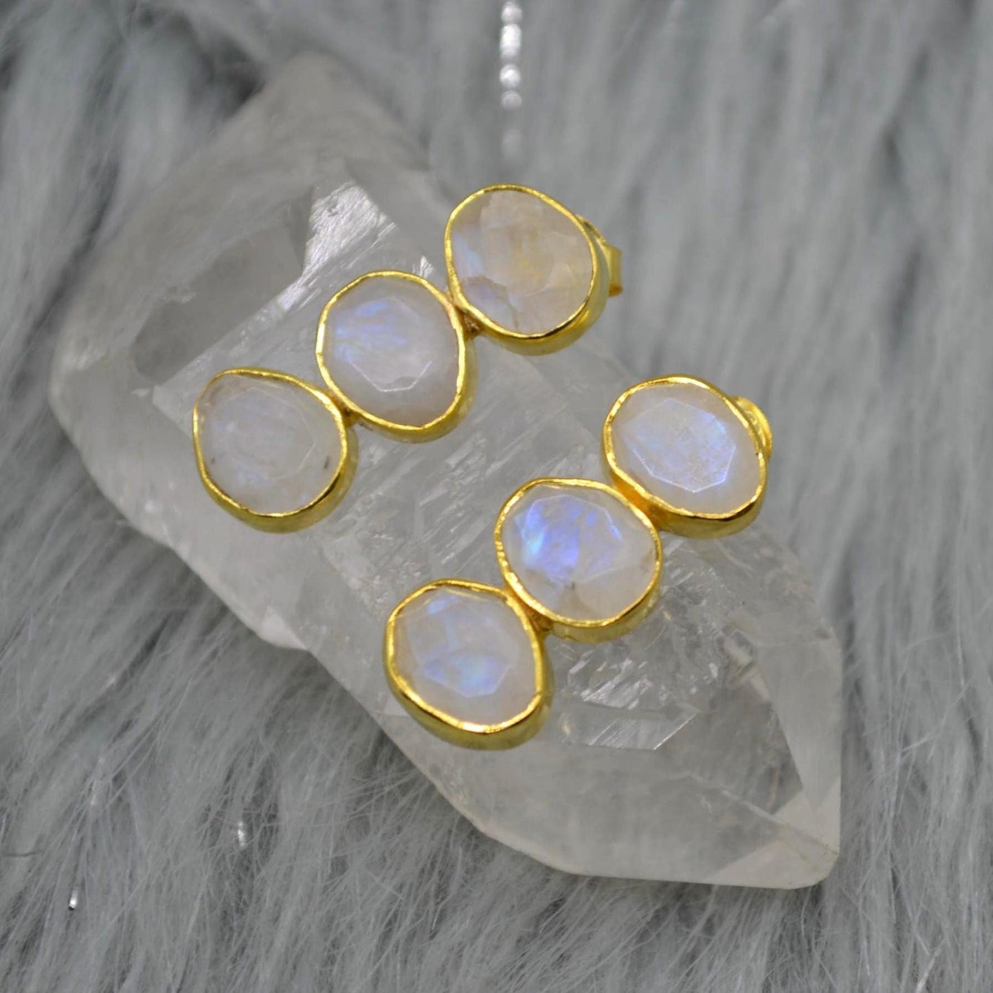 Rainbow Moonstone Earrings: Gold Plated Sterling Silver, June Birthstone Drop