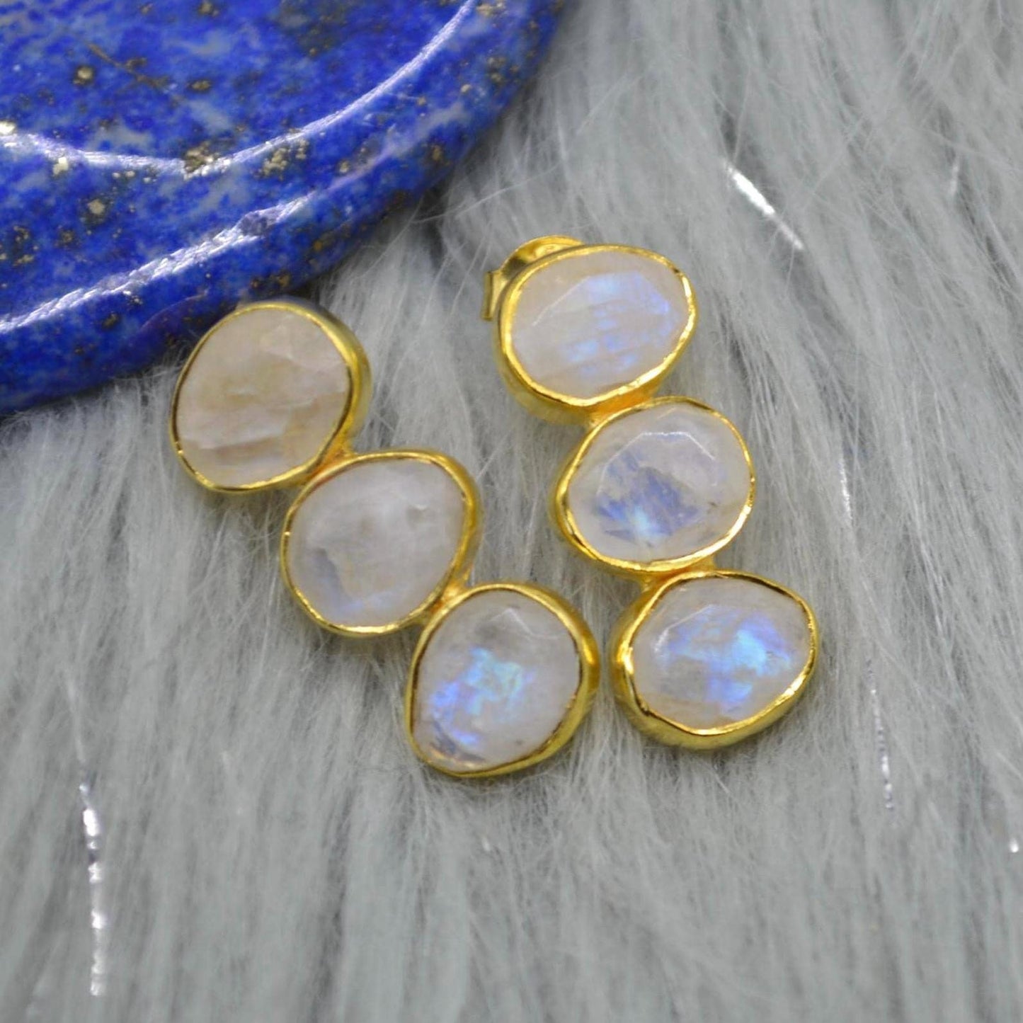 Rainbow Moonstone Earrings: Gold Plated Sterling Silver, June Birthstone Drop