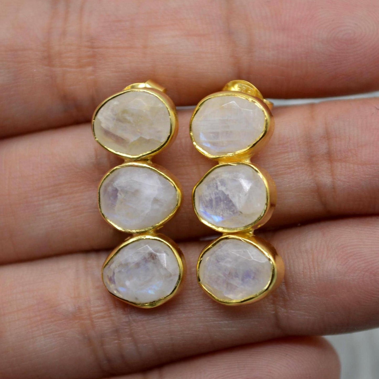 Rainbow Moonstone Earrings: Gold Plated Sterling Silver, June Birthstone Drop