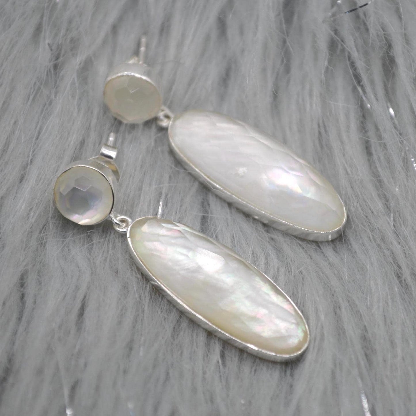 Mother Of Pearl Earrings: Silver, Doublet, White Gemstone Drop, June Birthstone