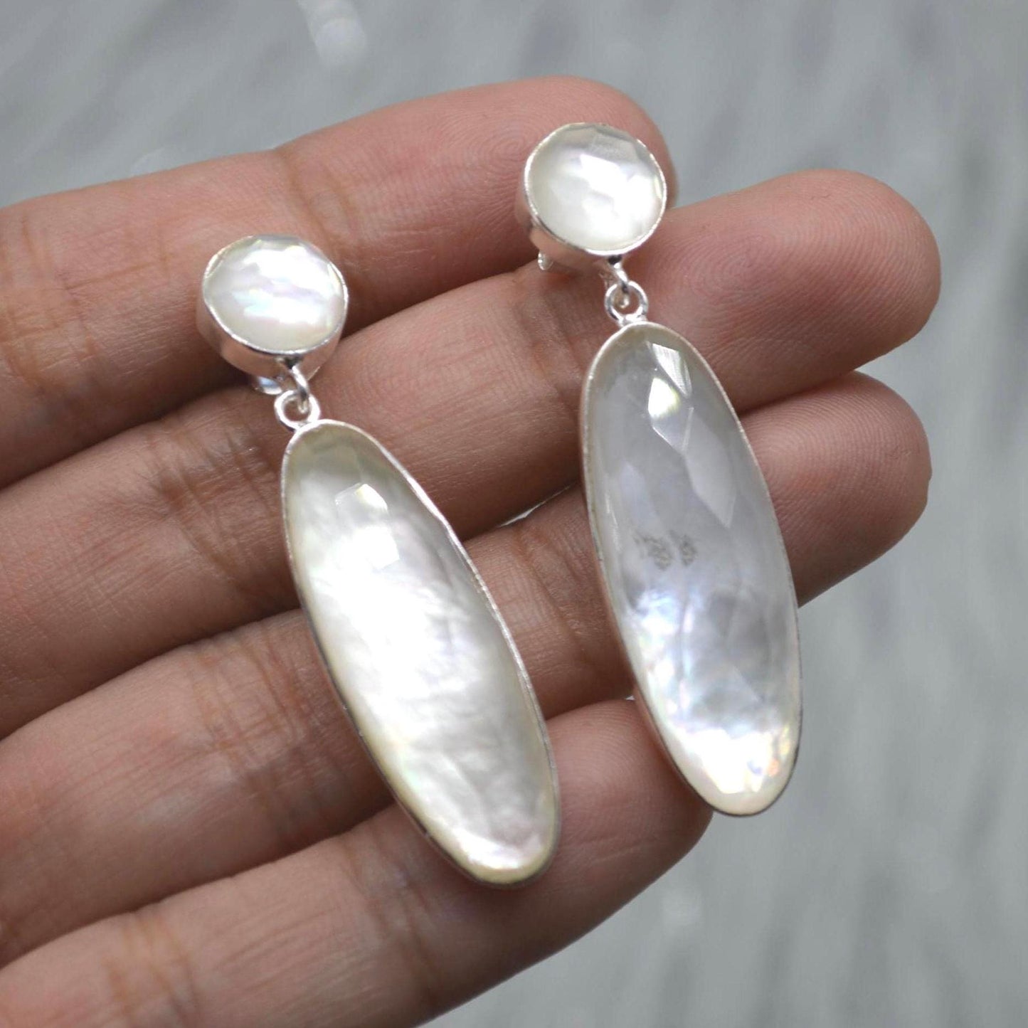 Mother Of Pearl Earrings: Silver, Doublet, White Gemstone Drop, June Birthstone