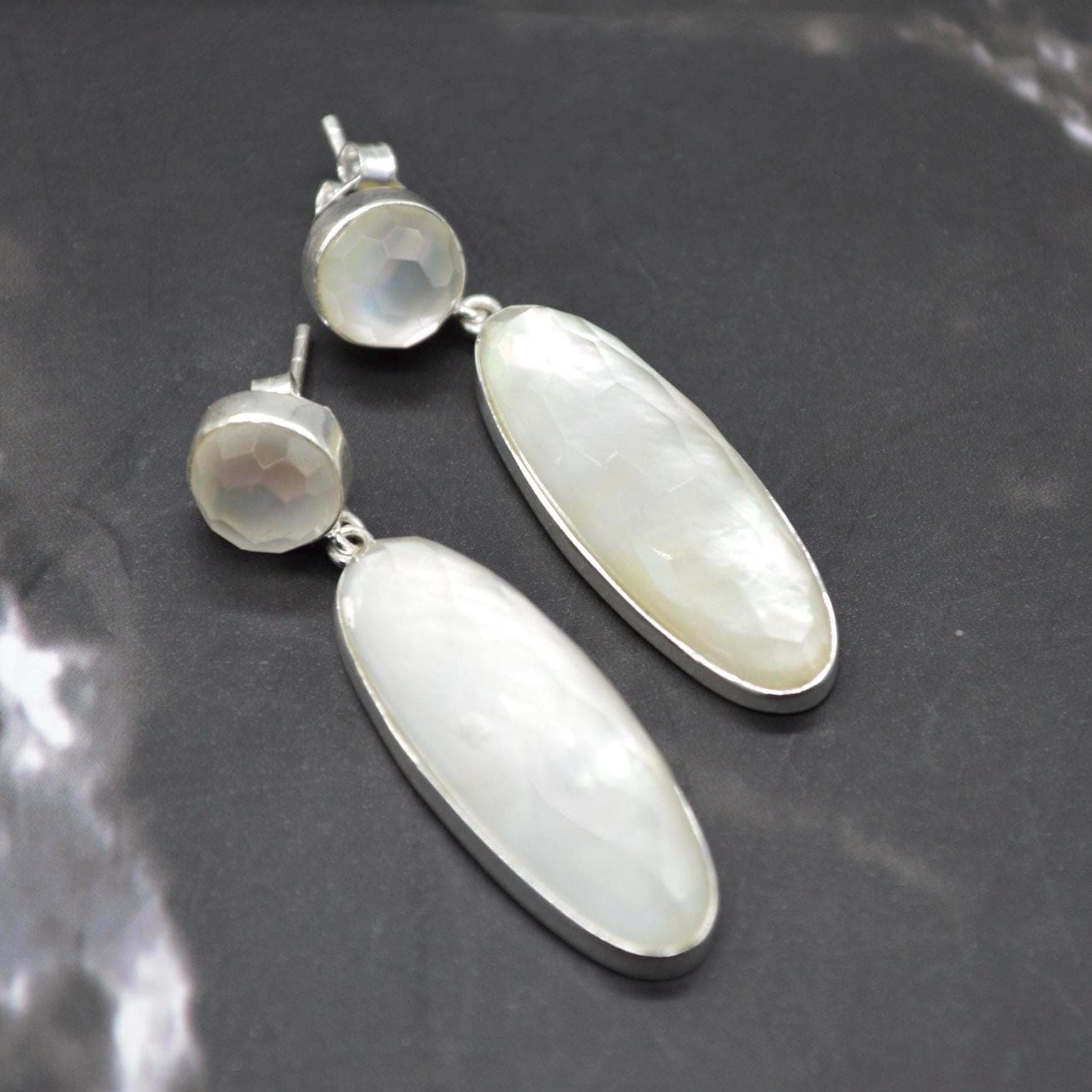 Mother Of Pearl Earrings: Silver, Doublet, White Gemstone Drop, June Birthstone