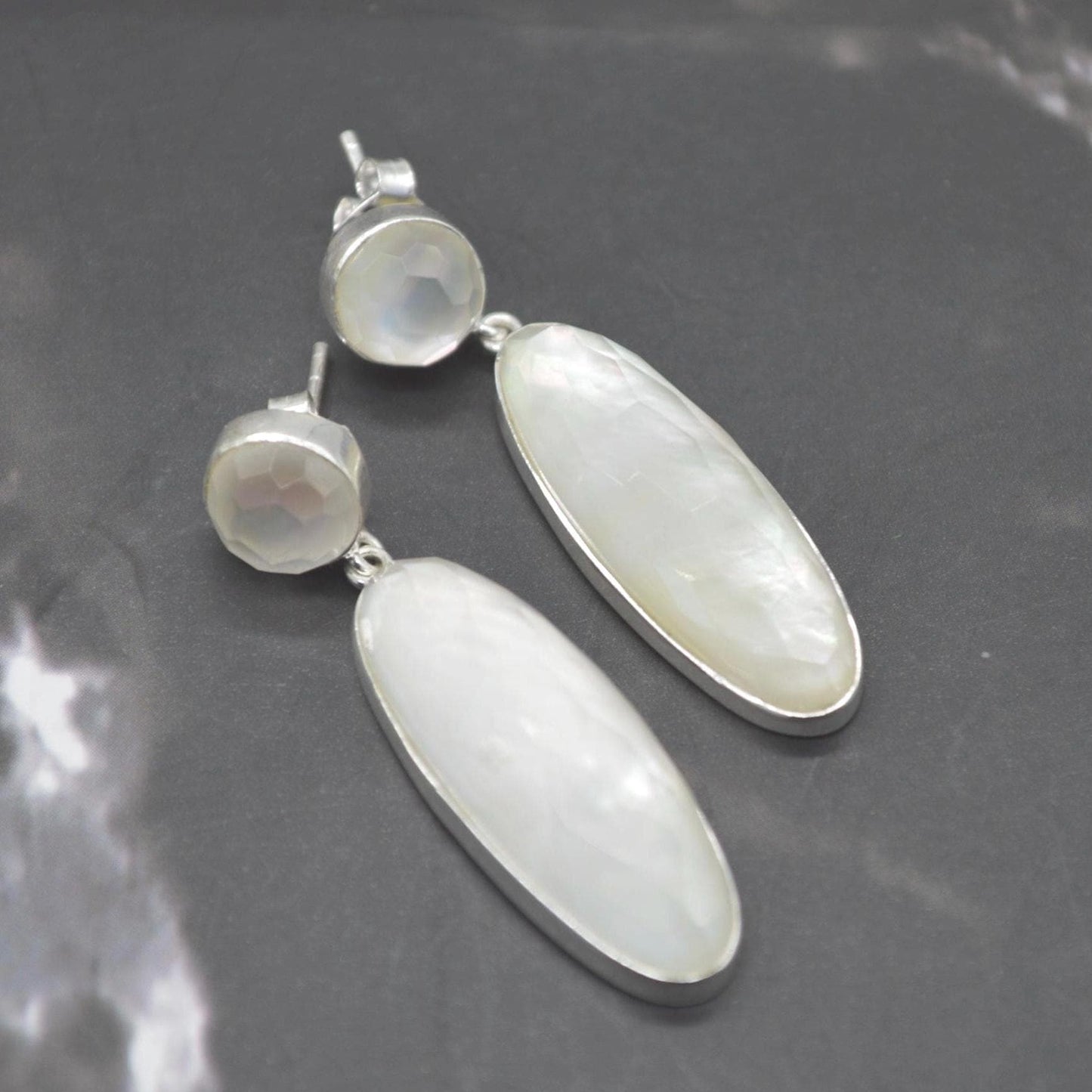 Mother Of Pearl Earrings: Silver, Doublet, White Gemstone Drop, June Birthstone