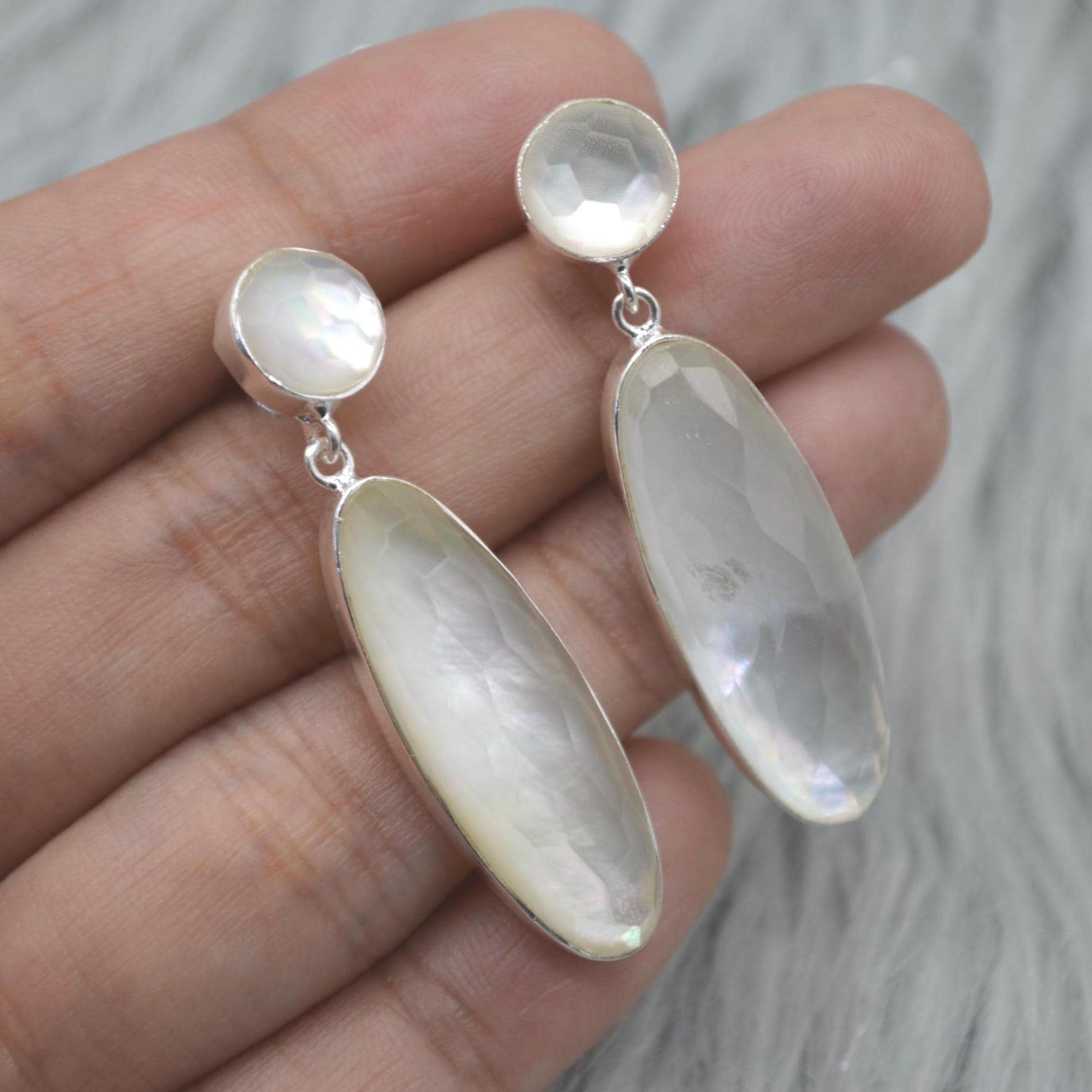 Mother Of Pearl Earrings: Silver, Doublet, White Gemstone Drop, June Birthstone