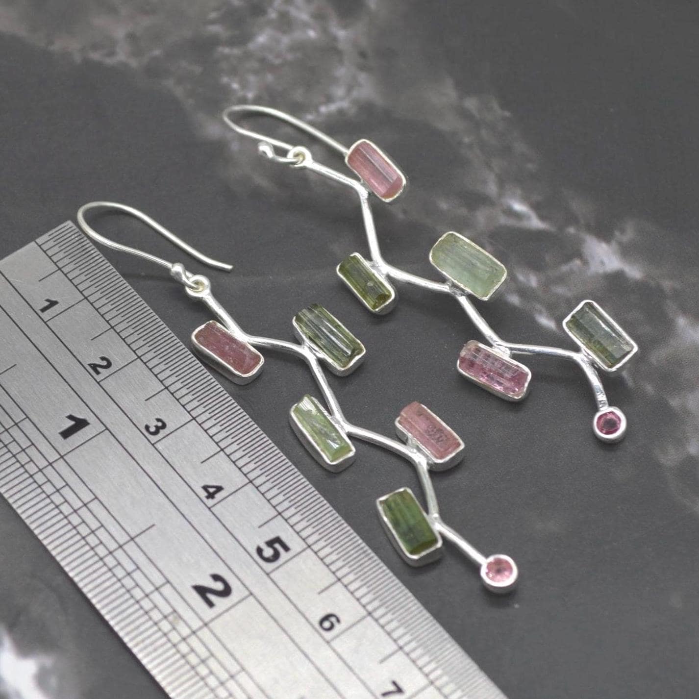 Raw Pink Green Tourmaline Earrings: Silver, Long Dangle Drop, October Birthstone
