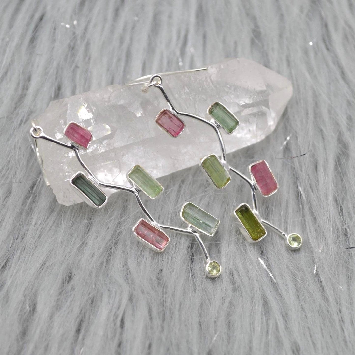 Raw Pink Green Tourmaline Earrings: Silver, Long Dangle Drop, October Birthstone