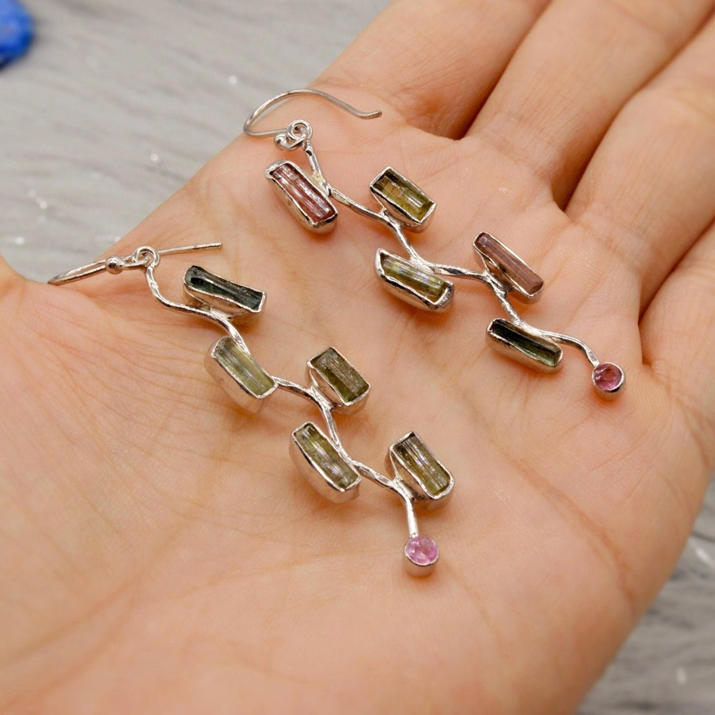 Raw Pink Green Tourmaline Earrings: Silver, Long Dangle Drop, October Birthstone