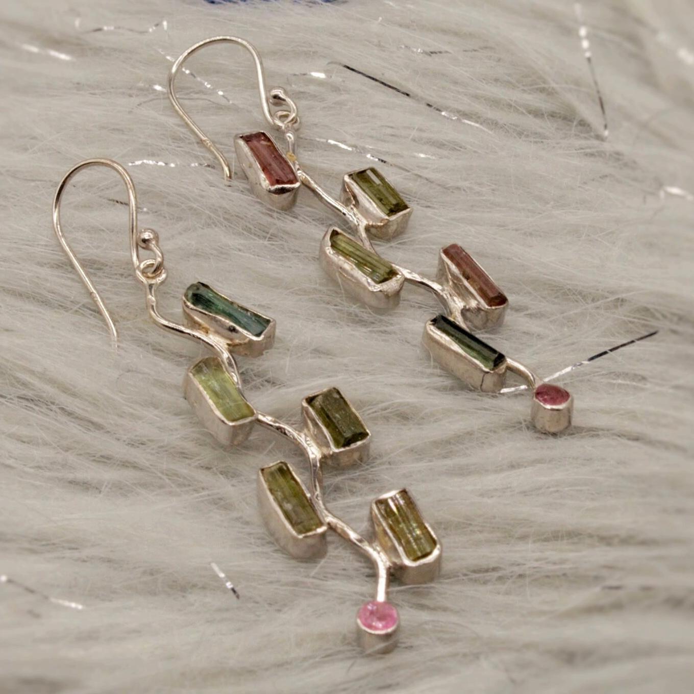 Raw Pink Green Tourmaline Earrings: Silver, Long Dangle Drop, October Birthstone