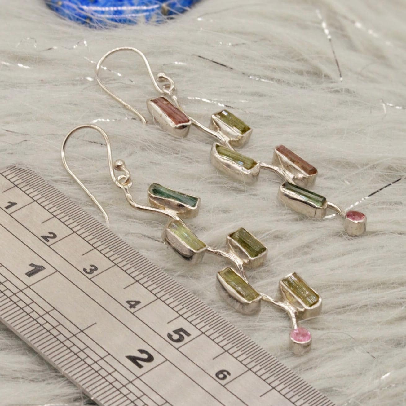 Raw Pink Green Tourmaline Earrings: Silver, Long Dangle Drop, October Birthstone