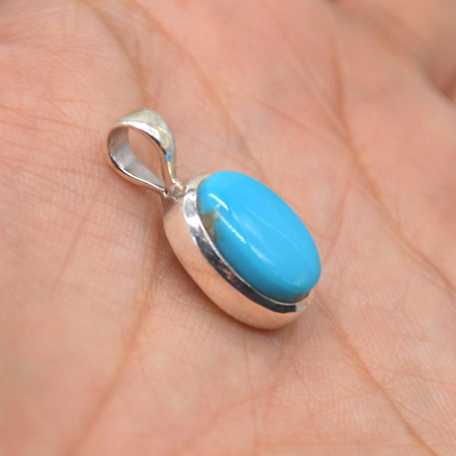 Turquoise Pendant: Silver Necklace, Oval, Blue Gemstone Jewelry, December Birthstone