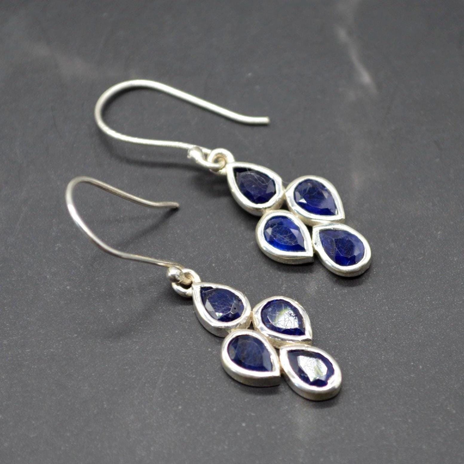 Blue Sapphire Earrings: Silver or Gold, Floral, Dangle Drop, September Birthstone Jewelry