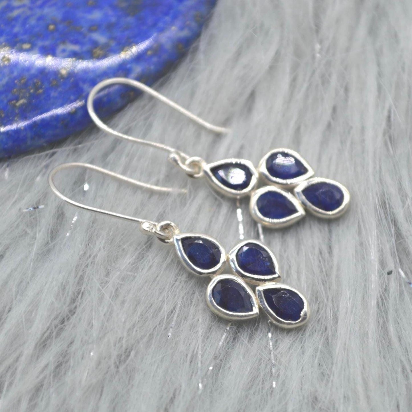 Blue Sapphire Earrings: Silver or Gold, Floral, Dangle Drop, September Birthstone Jewelry
