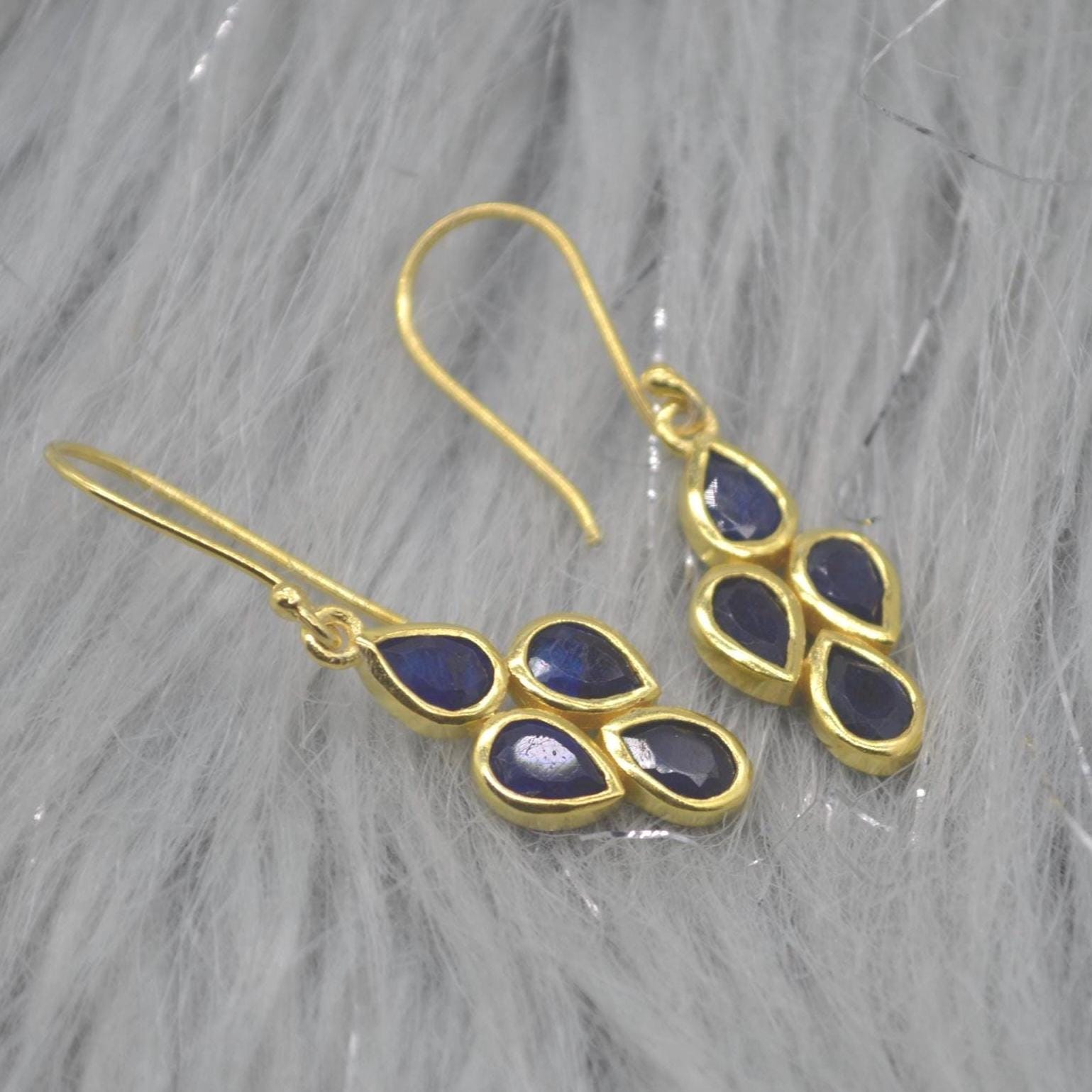 Blue Sapphire Earrings: Silver or Gold, Floral, Dangle Drop, September Birthstone Jewelry