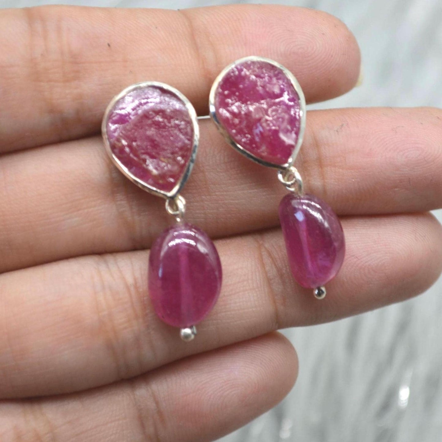 Raw Ruby Drop Earrings: Silver, Red Gemstone Dangle, July Birthstone