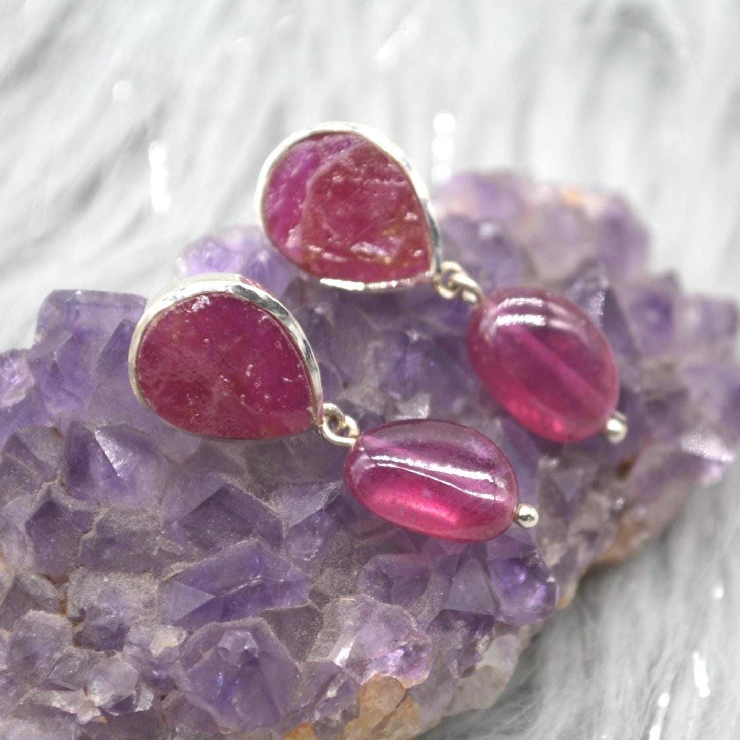 Raw Ruby Drop Earrings: Silver, Red Gemstone Dangle, July Birthstone