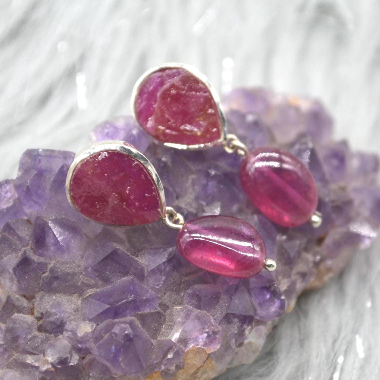 Raw Ruby Drop Earrings: Silver, Red Gemstone Dangle, July Birthstone