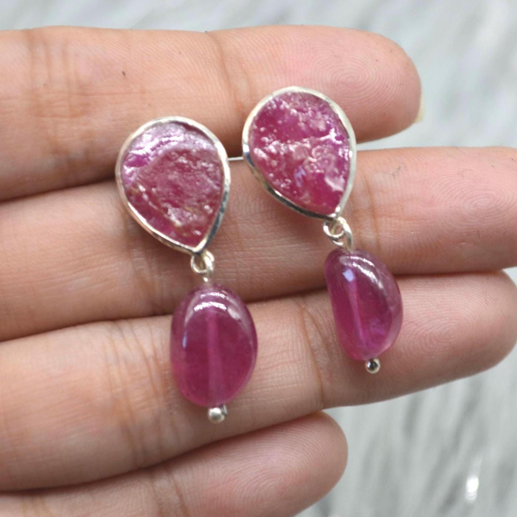 Raw Ruby Drop Earrings: Silver, Red Gemstone Dangle, July Birthstone
