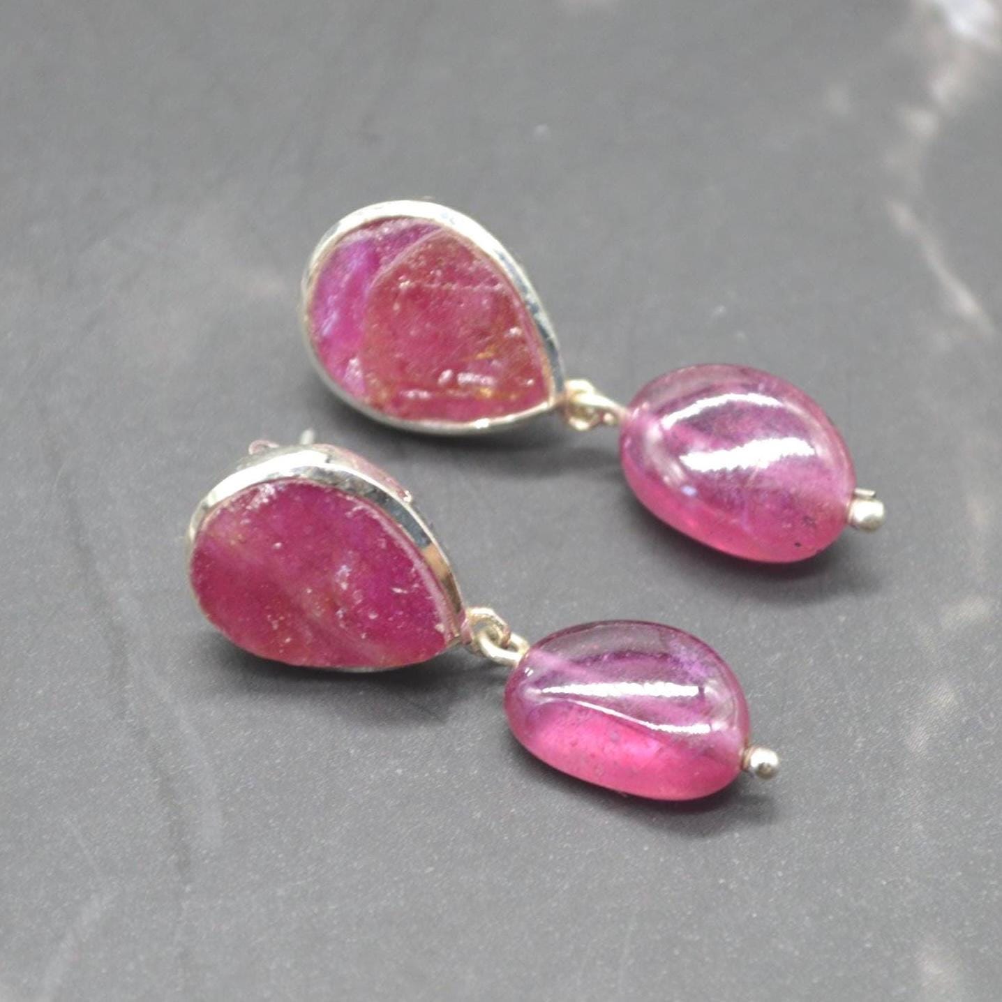 Raw Ruby Drop Earrings: Silver, Red Gemstone Dangle, July Birthstone