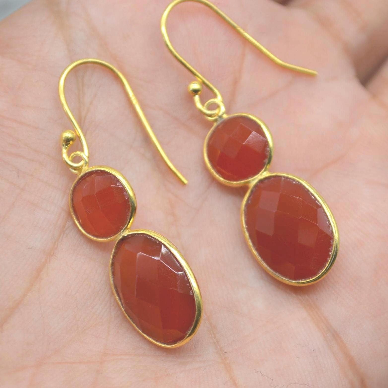 Carnelian Earrings: Dangle Drop, Gold Plated or Sterling Silver, Orange Gemstone Jewelry
