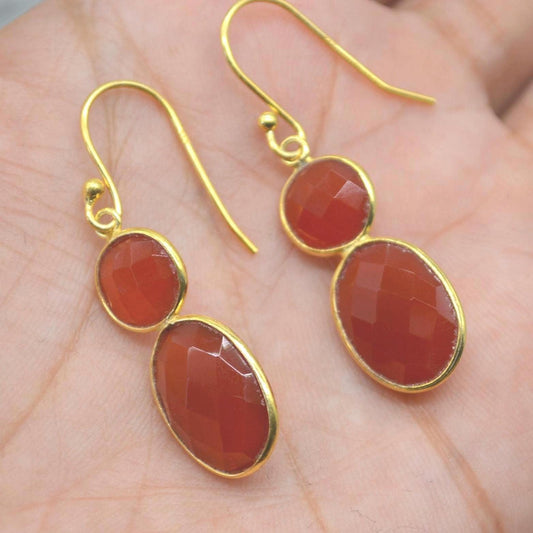 Carnelian Earrings: Dangle Drop, Gold Plated or Sterling Silver, Orange Gemstone Jewelry