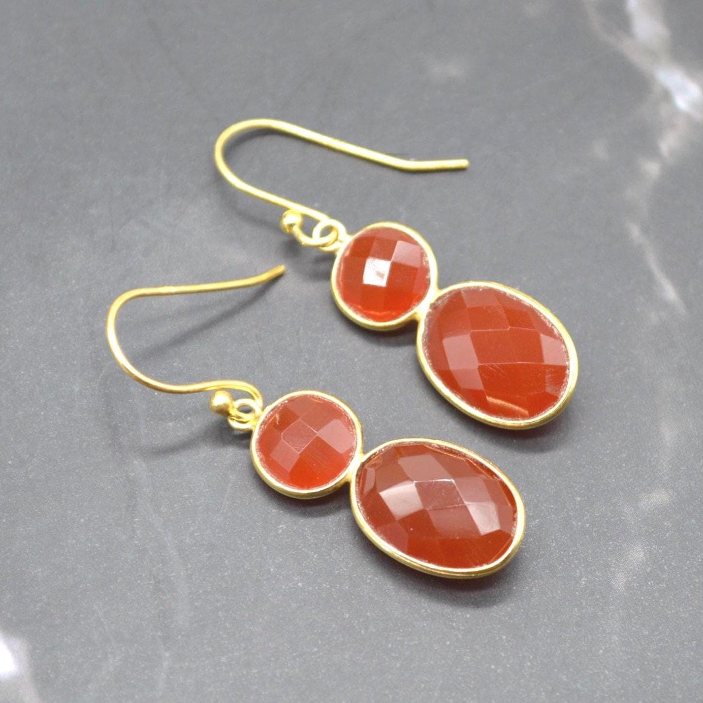 Carnelian Earrings: Dangle Drop, Gold Plated or Sterling Silver, Orange Gemstone Jewelry