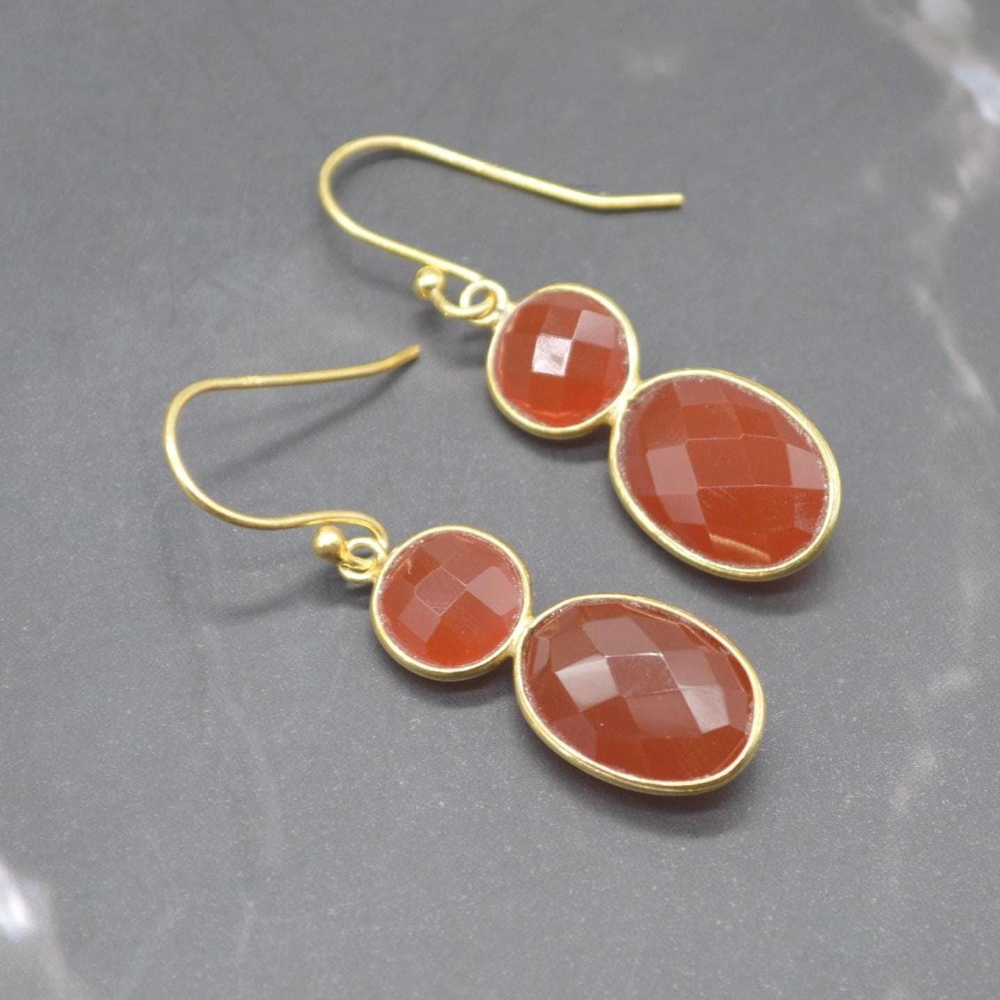 Carnelian Earrings: Dangle Drop, Gold Plated or Sterling Silver, Orange Gemstone Jewelry
