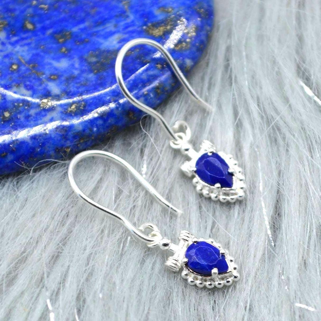 Lapis Lazuli Earrings: Dangle Drop, Silver, Teardrop, Blue Gemstone, December Birthstone Jewelry