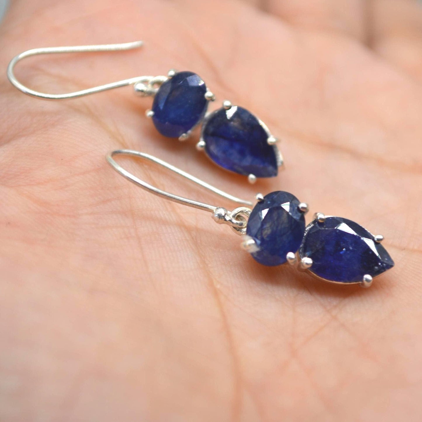 Sapphire Earrings: Gold or Silver, Dangle Drop, Minimalist September Birthstone Jewelry