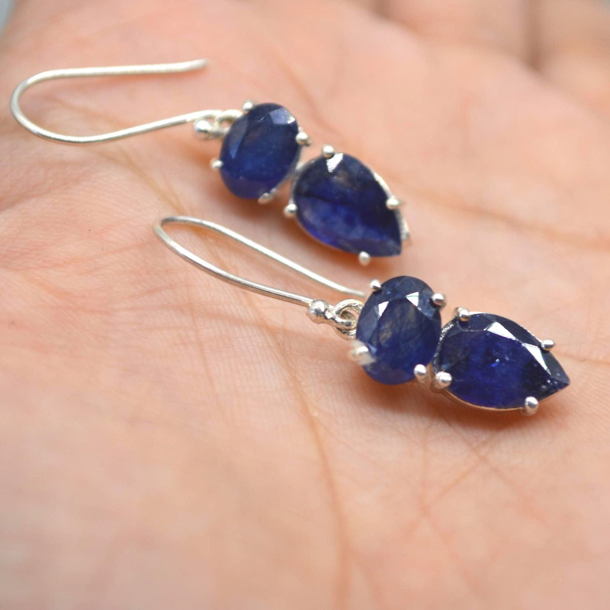 Sapphire Earrings: Gold or Silver, Dangle Drop, Minimalist September Birthstone Jewelry