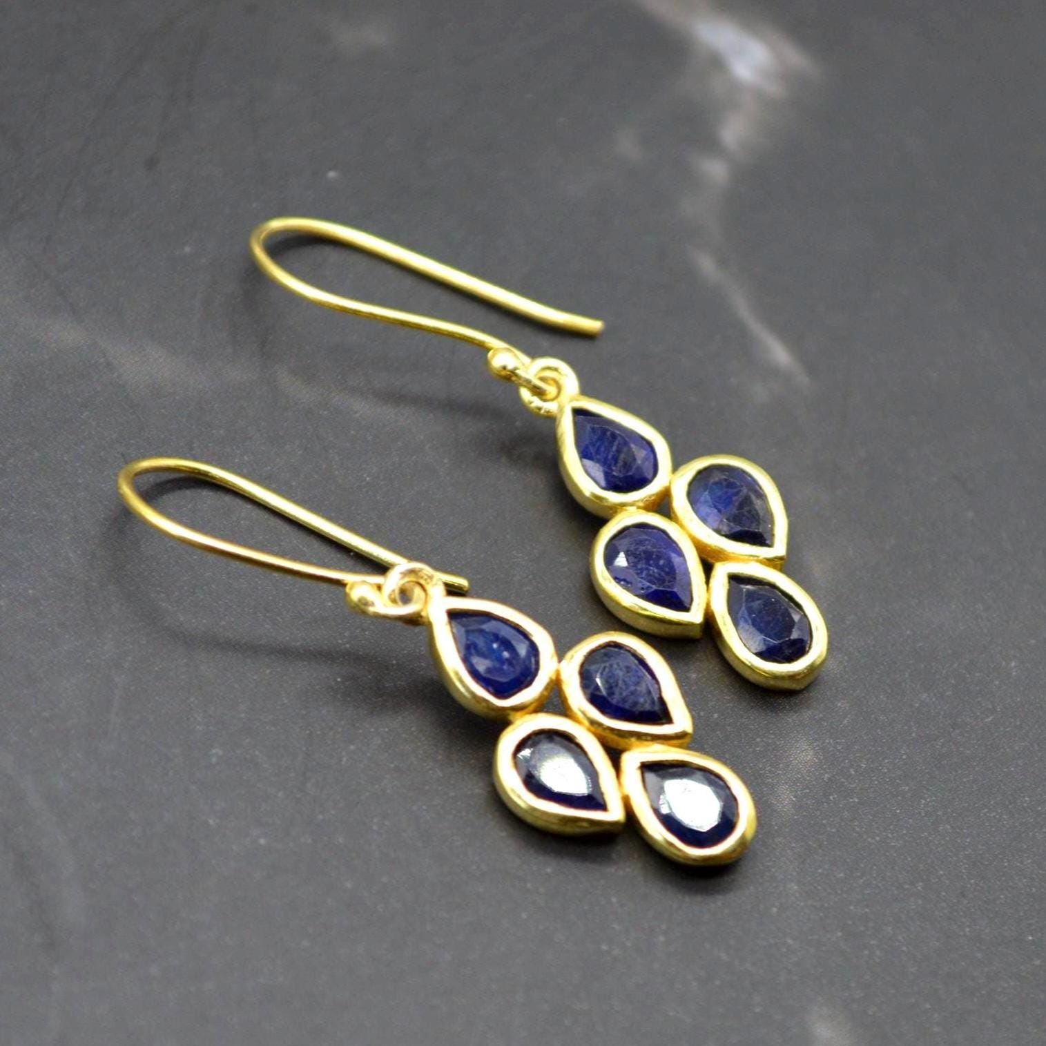 Blue Sapphire Earrings: Silver or Gold, Floral, Dangle Drop, September Birthstone Jewelry