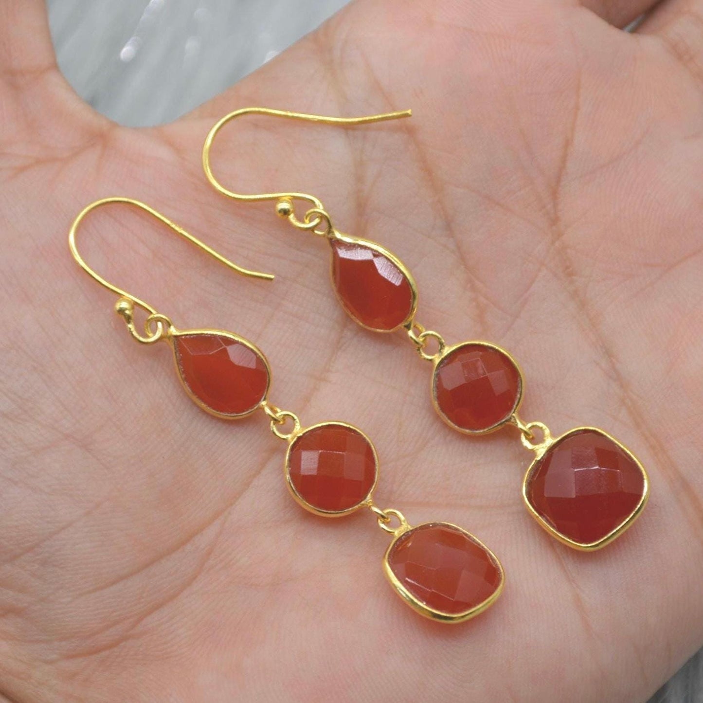 Carnelian Earrings: Gold or Silver, Dangle Drop, Orange Gemstone Jewelry