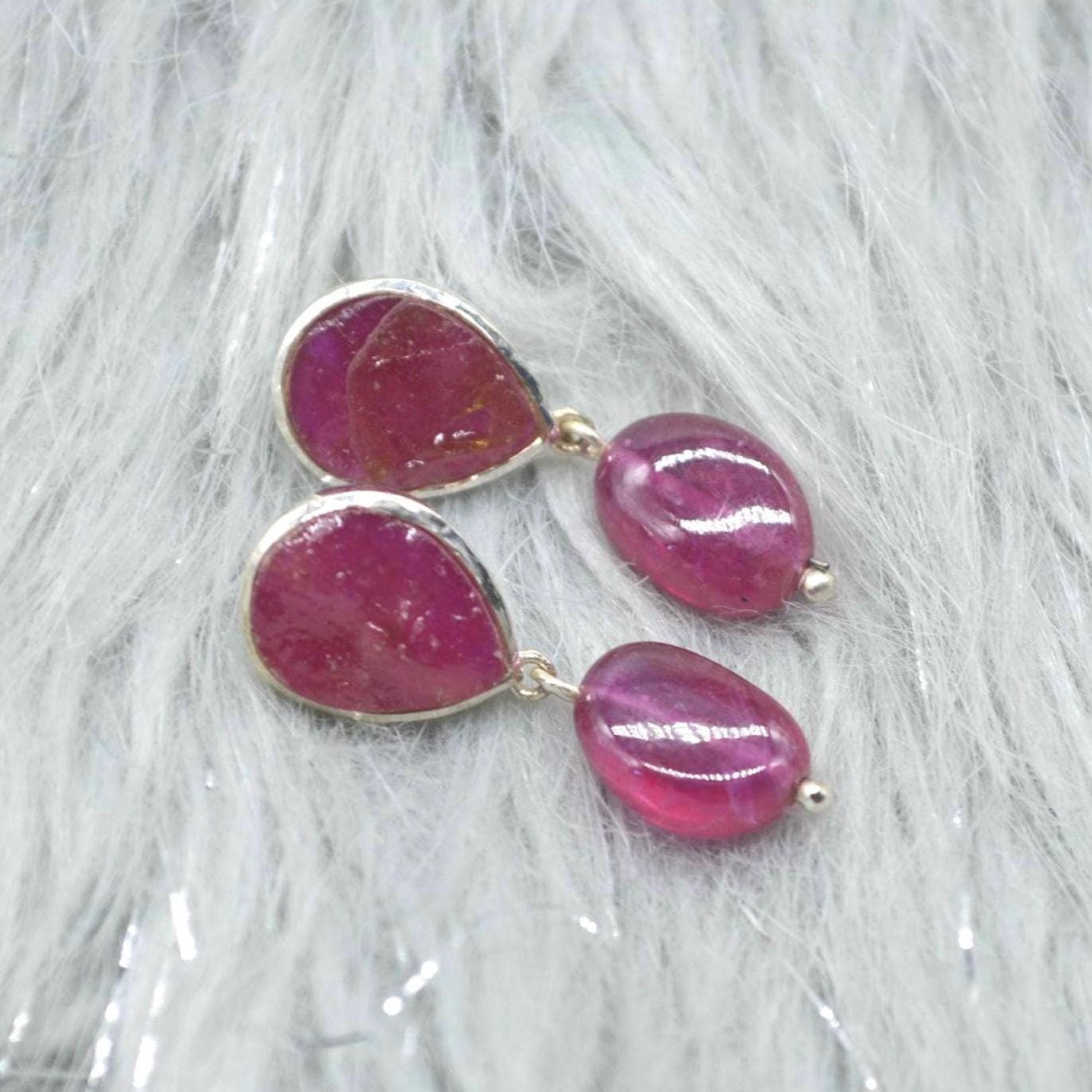 Raw Ruby Drop Earrings: Silver, Red Gemstone Dangle, July Birthstone