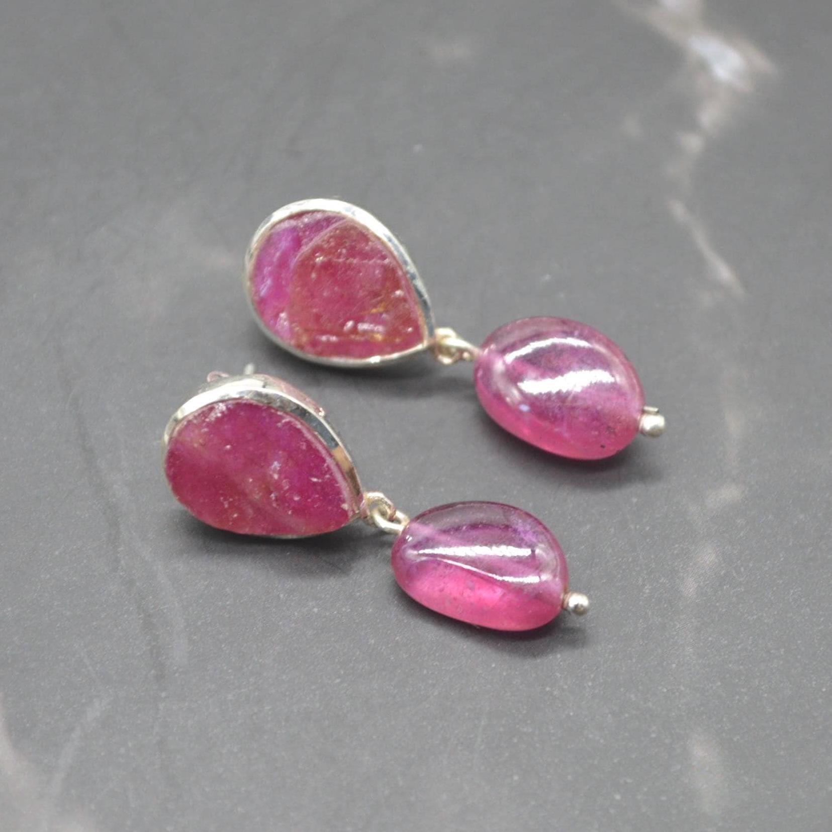 Raw Ruby Drop Earrings: Silver, Red Gemstone Dangle, July Birthstone