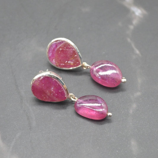 Raw Ruby Drop Earrings: Silver, Red Gemstone Dangle, July Birthstone