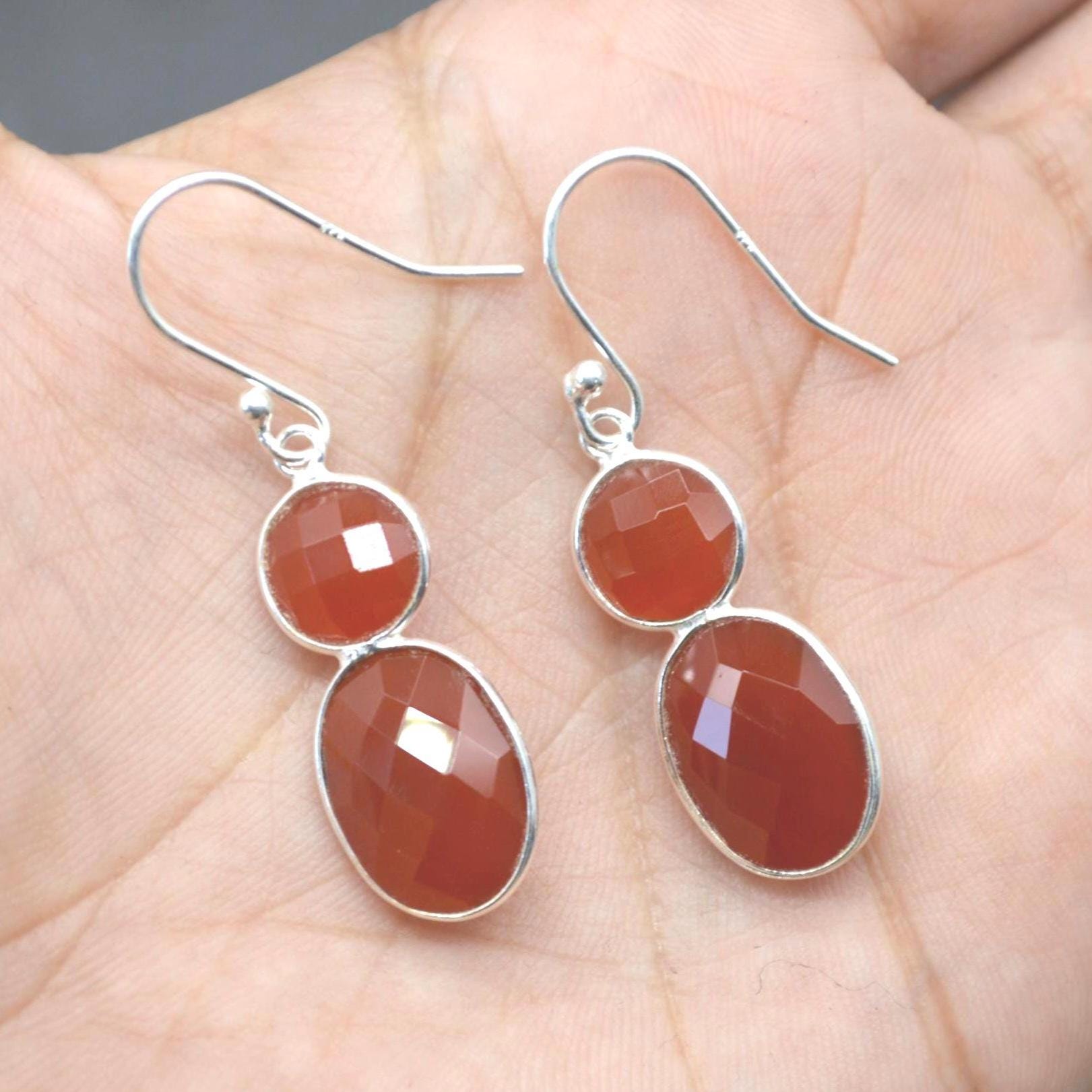 Carnelian Earrings: Dangle Drop, Gold Plated or Sterling Silver, Orange Gemstone Jewelry