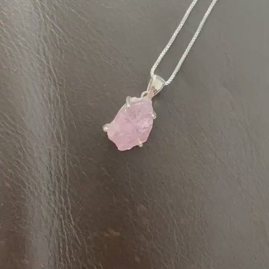 Raw Rose Quartz Chain Pendant Necklace, Rough Cut Rose Quartz Necklace, Dainty Gemstone, Sterling Silver, Birthday Gifts For Her