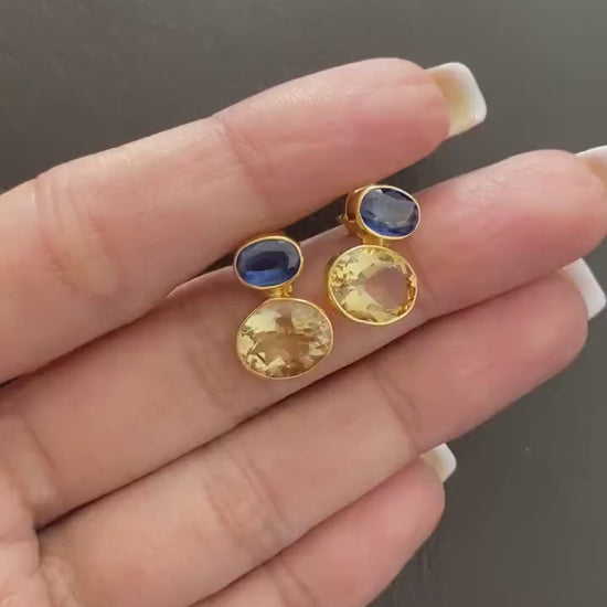 Kyanite, Citrine Gold Earrings, Gold Plated Silver Stud Earrings, Citrine Jewelry, Unique Statement Earrings, November Stone, Gift For Her