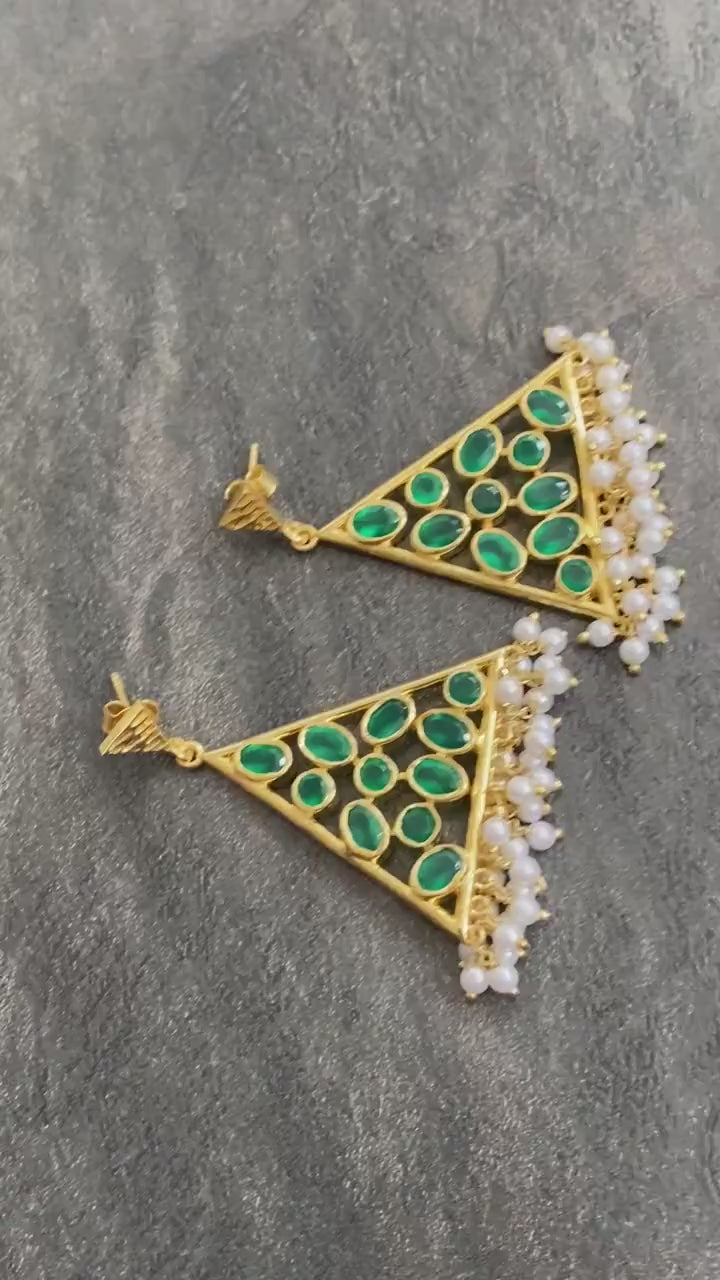 Green Onyx Pearl Gold Earrings, Unique Dangle Jhumka Earrings, June Birthstone, Statement Gemstone Drop Earrings, Gifts For Her