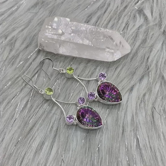 Mystic Quartz Earrings with Peridot, Amethyst, Sterling Silver Earrings, Drop Earrings, February, August Birthstone, Birthday Gifts For Her