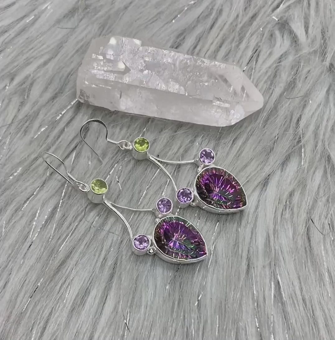 Mystic Quartz Earrings with Peridot, Amethyst, Sterling Silver Earrings, Drop Earrings, February, August Birthstone, Birthday Gifts For Her