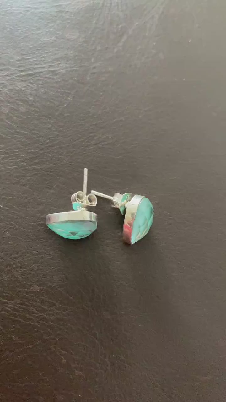 Blue Turquoise Stud Earrings, Sterling Silver Earrings, Dainty Gemstone Boho Earrings, December Birthstone, Birthday Gifts For Her