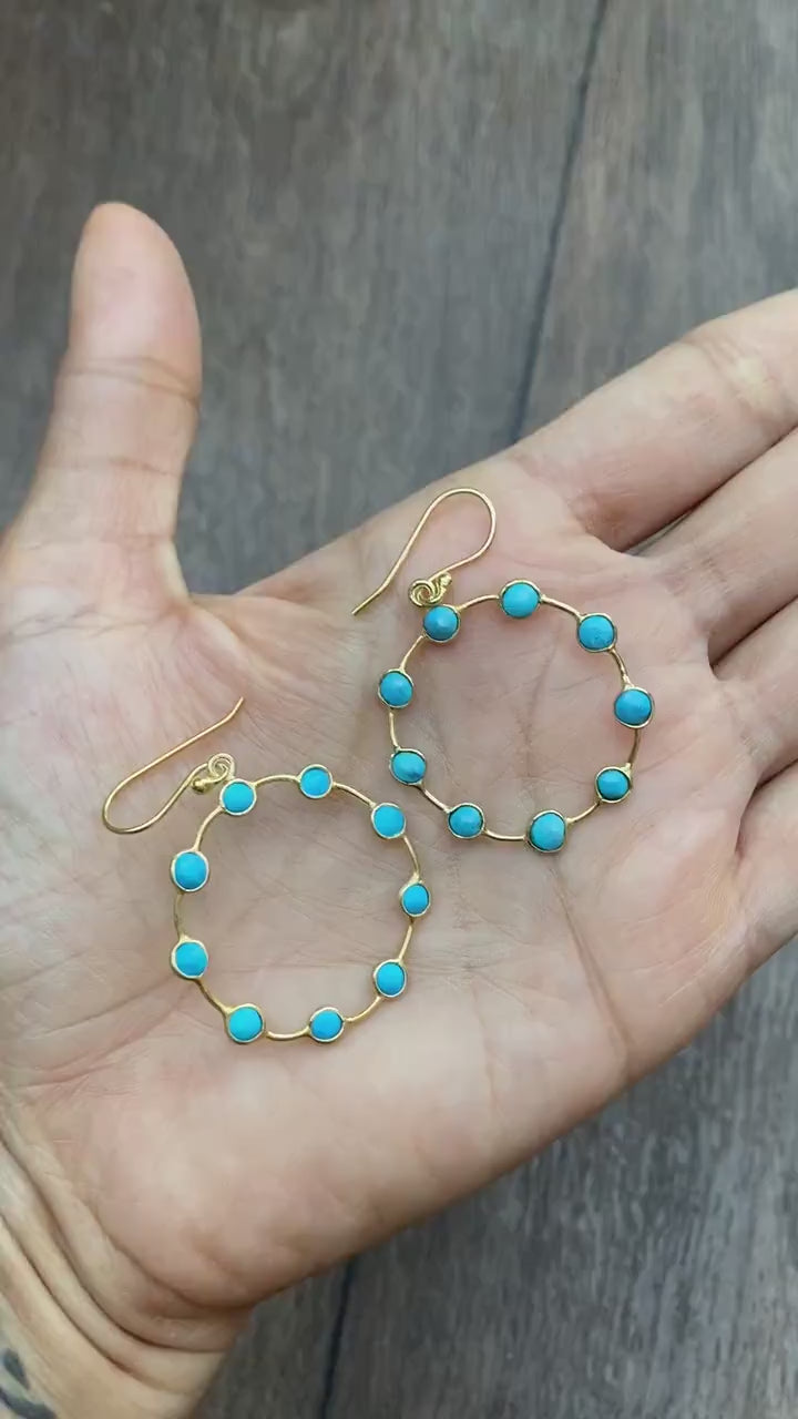 Blue Turquoise Gold Hoop Earrings, Turquoise Jewelry, December Birthstone Jewelry, Unique Gemstone Earring, Gold Plated Silver, Gift For Her