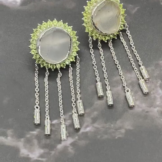 Peridot, Clear Quartz Silver Earrings, Sterling Silver, August Birthstone, Unique Statement Dangle Drop Jhumka Earrings, Birthday Gifts