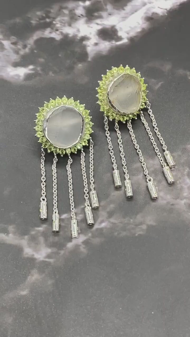 Peridot, Clear Quartz Silver Earrings, Sterling Silver, August Birthstone, Unique Statement Dangle Drop Jhumka Earrings, Birthday Gifts