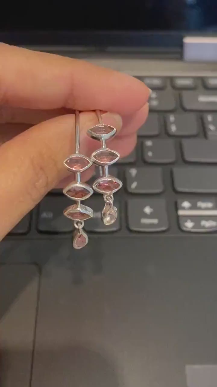 Pink, Green Tourmaline Hoop Earrings: Silver, Huggies, October Birthstone
