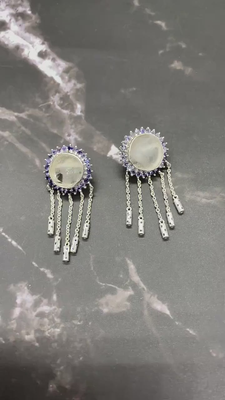 Iolite, Clear Quartz Silver Drop Earrings, Clear Quartz Crystal, Unique Statement Gemstone Jhumka Earrings Bridesmaid Gifts for Her